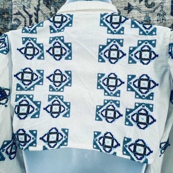 River Island Embroidered Mini Shirt Dress Size 8 Open Back Collard Button Up - Picture 9 of 16